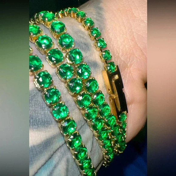 Zirconia Tennis 18K Gold Stainless Steel Waterproof Gold Gemstone Bracelet - Picture 9 of 11